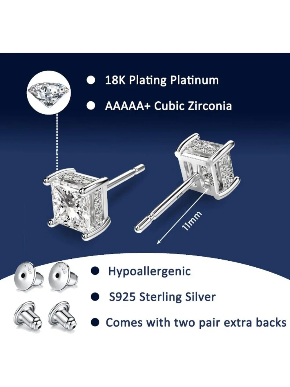 Elegant Princess Cut Cubic Zirconia Stud Earrings for Him & Her - Unisex Jewelry